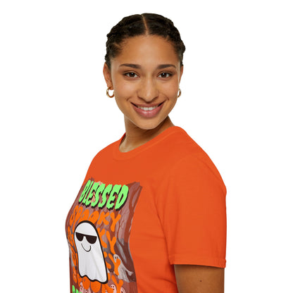 Spooky Blessed Samhain Ghost Green font Unisex T-Shirt by CreepyCrafts.boo