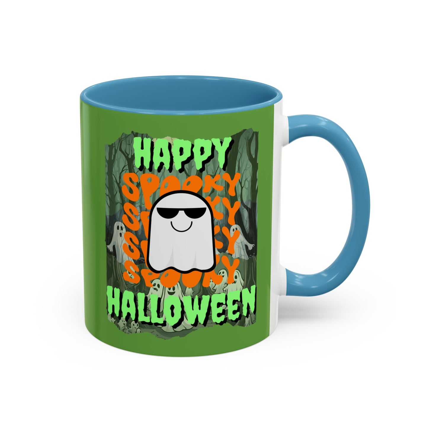Spooky Happy Halloween Ghost Green font Green Accent Mug by CreepyCrafts.boo