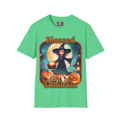 Blessed Samhain Little Witch Orange font Dark colors Unisex T-Shirt by CreepyCrafts.boo