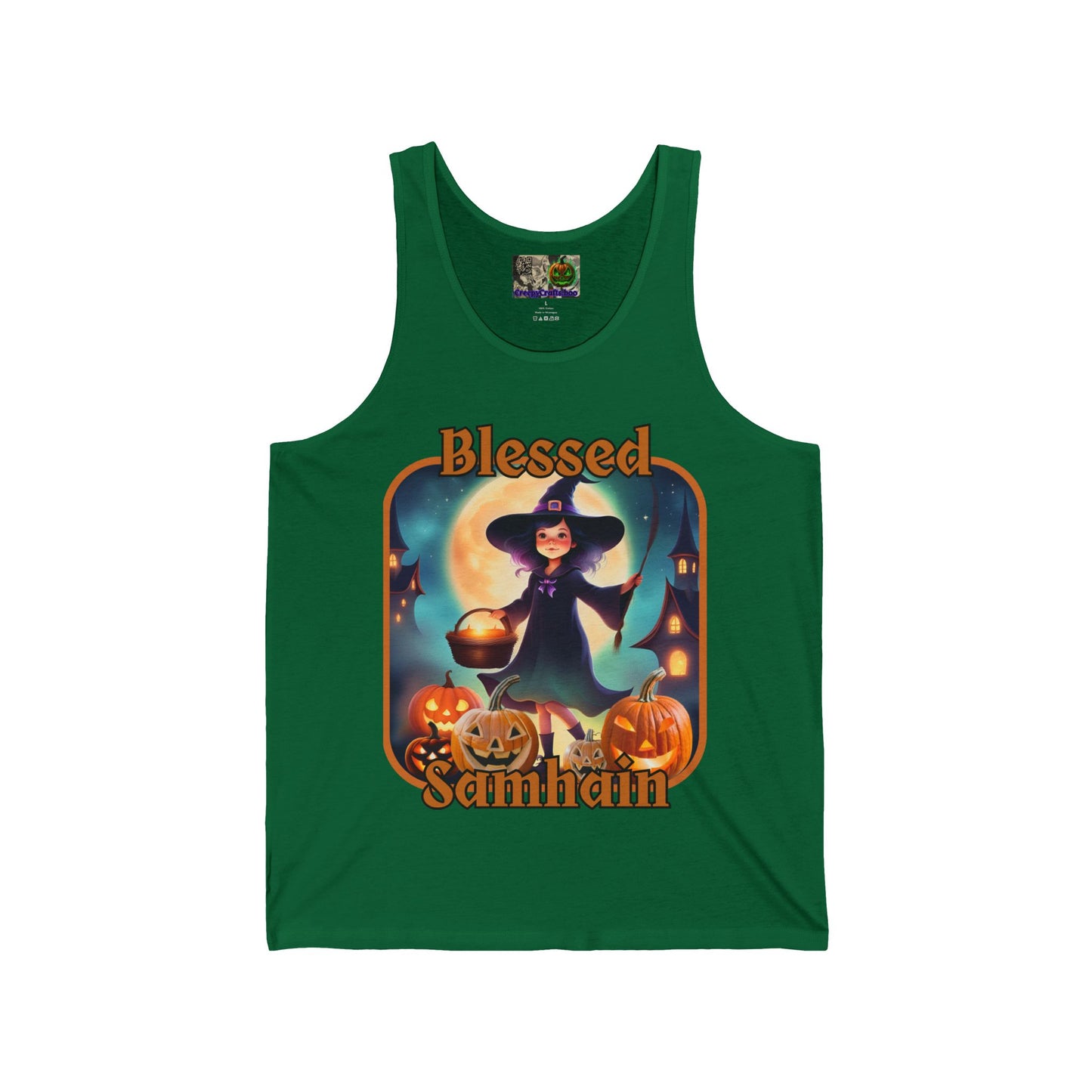 Blessed Samhain Little Witch Orange font Unisex Jersey Tank Top by CreepyCrafts.boo