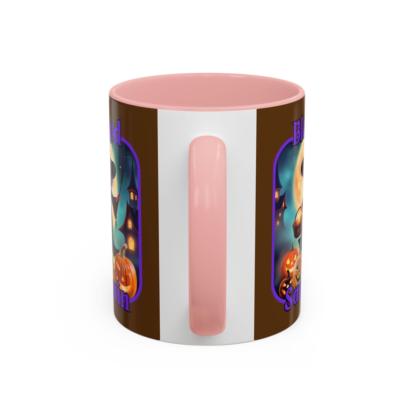 Blessed Samhain Little Witch Purple font Brown Accent Mug by CreepyCrafts.boo
