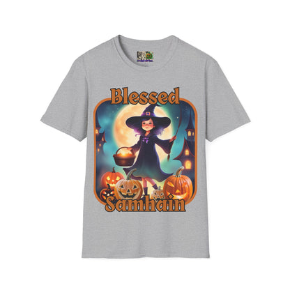 Blessed Samhain Little Witch Orange font Light colors Unisex T-Shirt by CreepyCrafts.boo