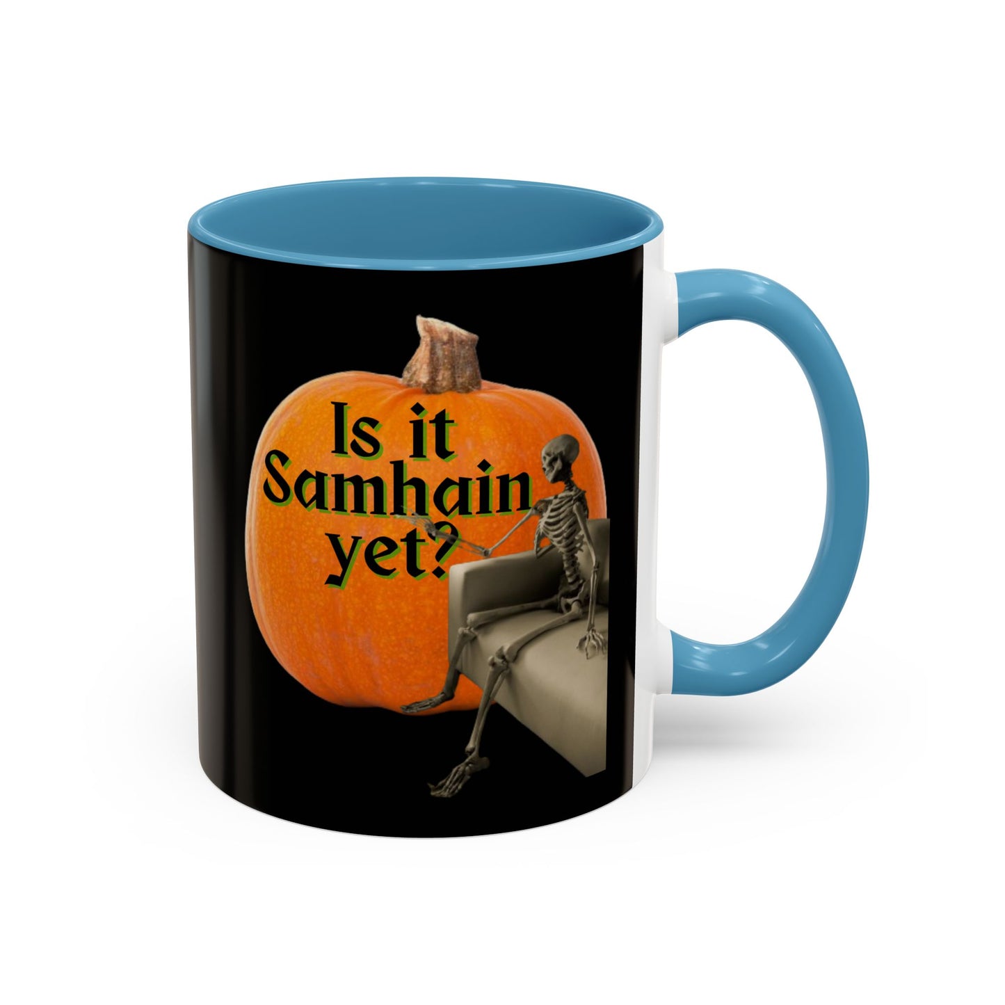Is It Samhain Yet? Skeleton's Giant Pumpkin Black Accent Mug by CreepyCrafts.boo