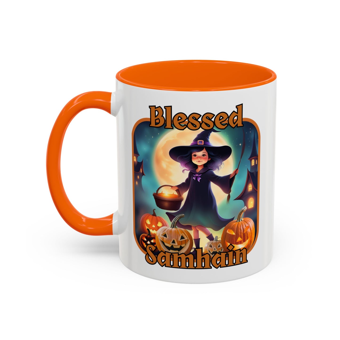 Blessed Samhain Little Witch Orange font White Accent Mug by CreepyCrafts.boo