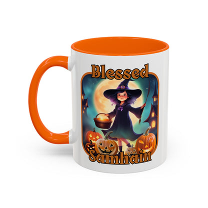 Blessed Samhain Little Witch Orange font White Accent Mug by CreepyCrafts.boo