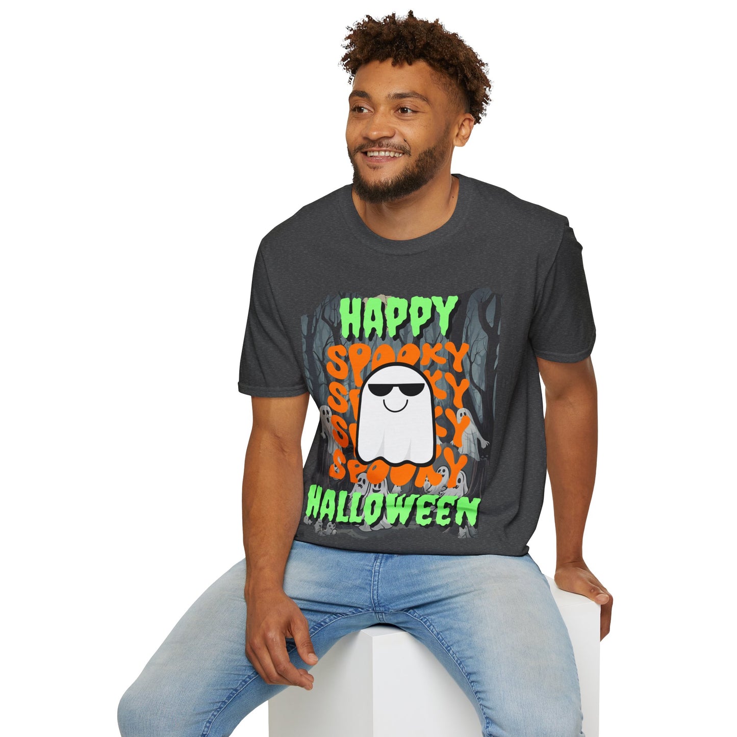 Spooky Happy Halloween Ghost Dark colors Green font Unisex T-Shirt by CreepyCrafts.boo