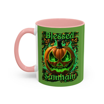 Blessed Samhain Green Jack Green Accent Mug by CreepyCrafts.boo