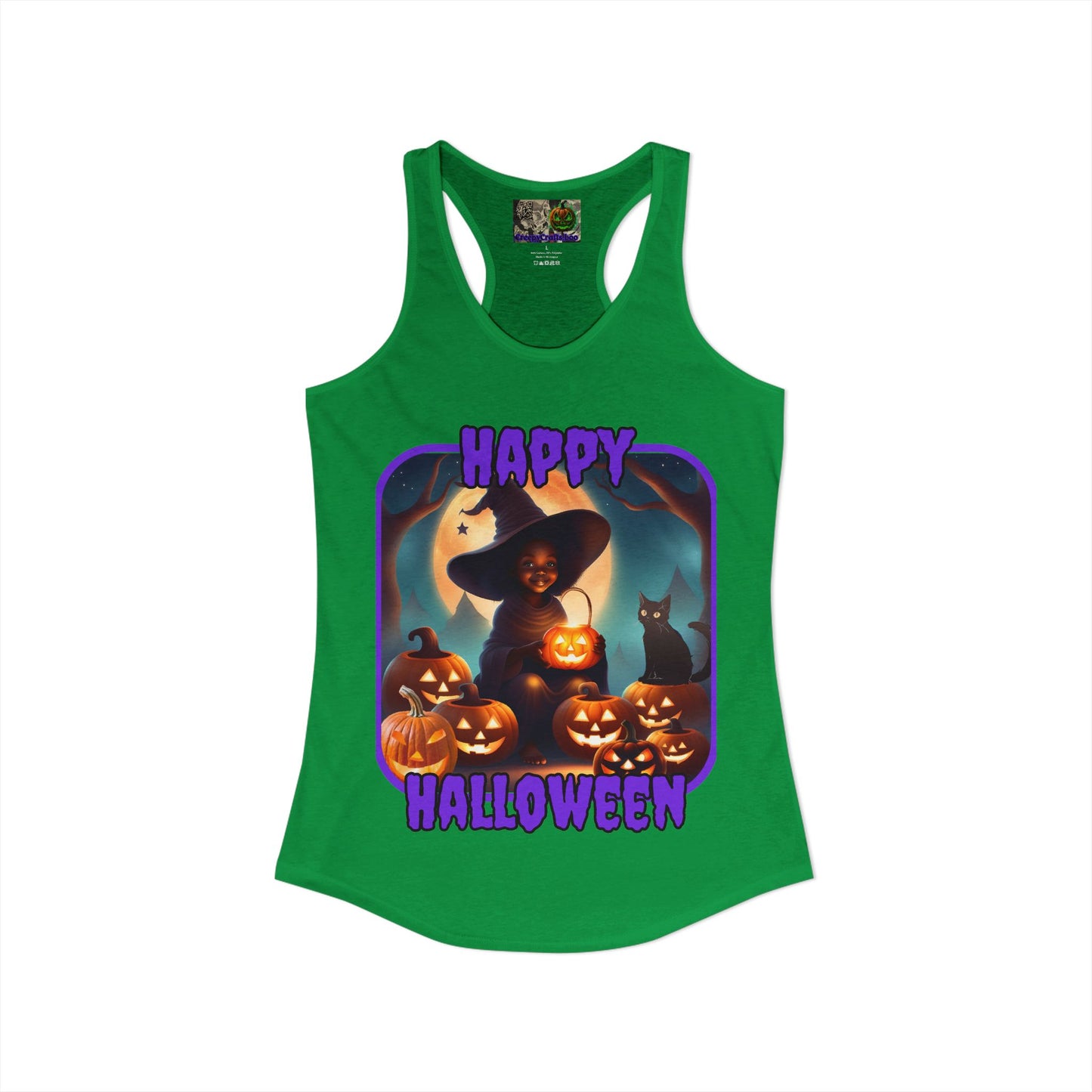 Happy Halloween Cute Witch Purple font Women's Racerback Tank Top by CreepyCrafts.boo