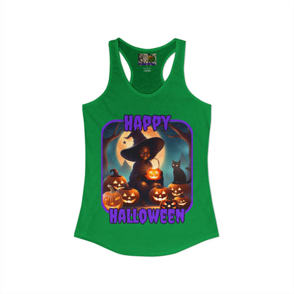 Happy Halloween Cute Witch Purple font Women's Racerback Tank Top by CreepyCrafts.boo