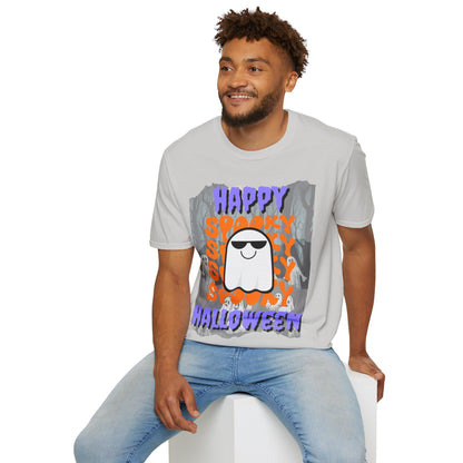 Spooky Happy Halloween Ghost Light colors Purple font Unisex T-Shirt by CreepyCrafts.boo