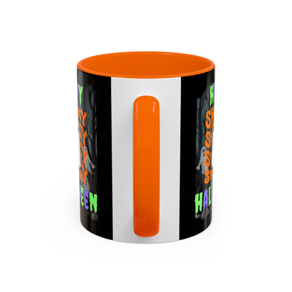 Spooky Happy Halloween Ghost Mixed font Black Accent Mug by CreepyCrafts.boo