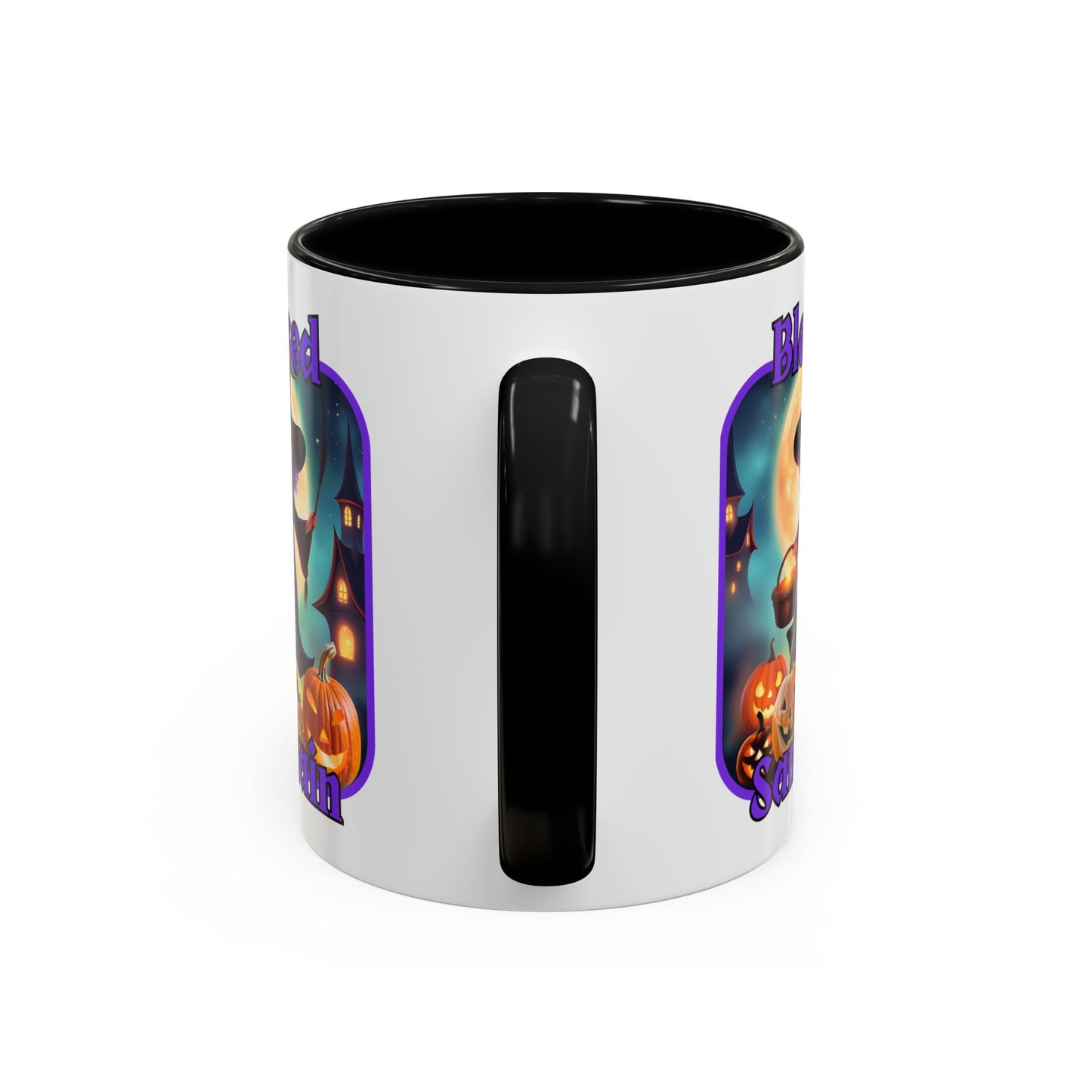 Blessed Samhain Little Witch Purple font White Accent Mug by CreepyCrafts.boo