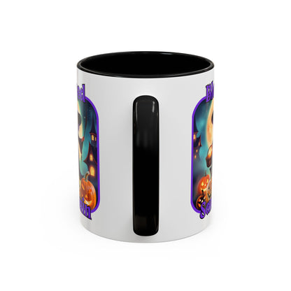 Blessed Samhain Little Witch Purple font White Accent Mug by CreepyCrafts.boo