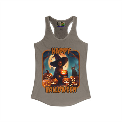 Happy Halloween Cute Witch Orange font Women's Racerback Tank Top by CreepyCrafts.boo