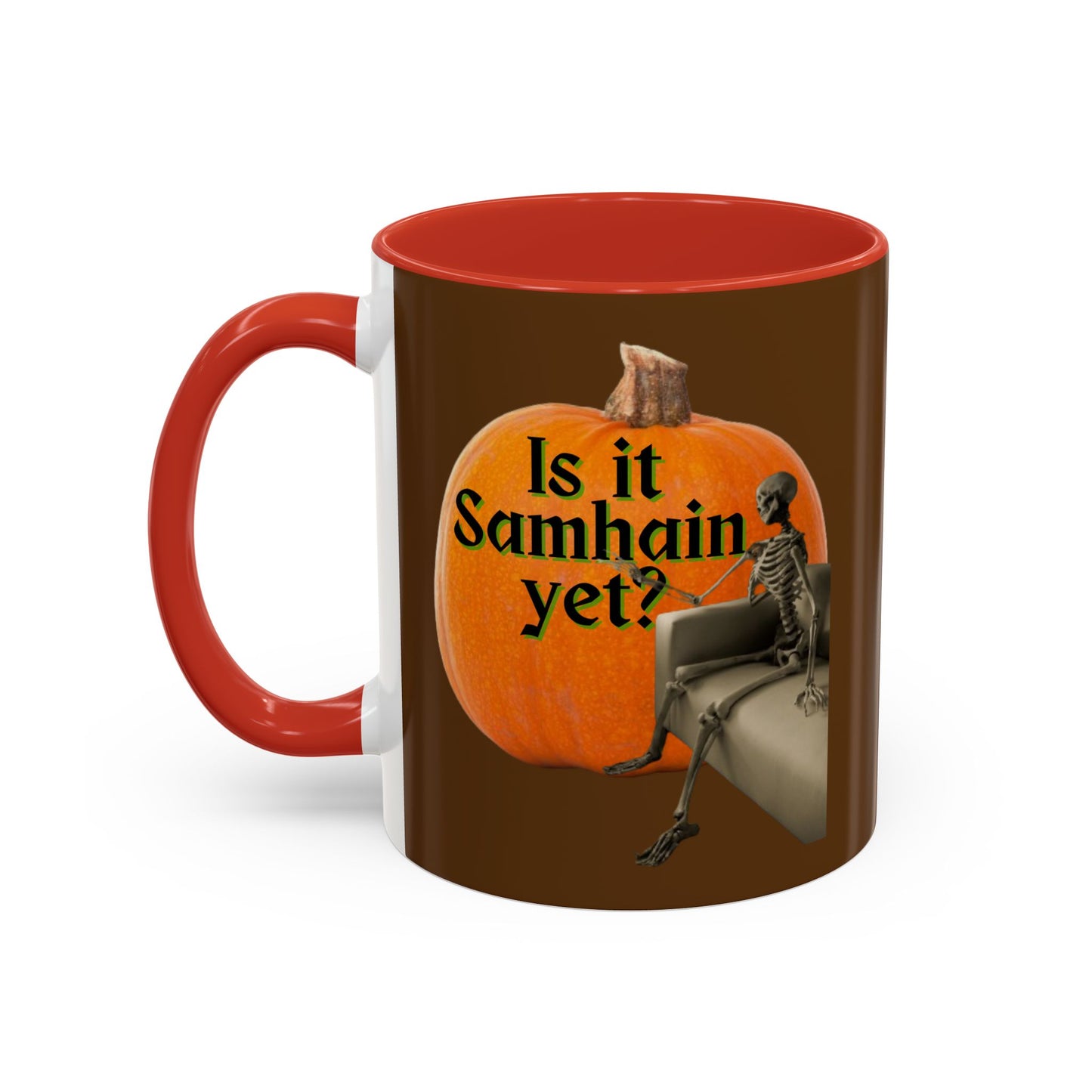 Is It Samhain Yet? Skeleton's Giant Pumpkin Brown Accent Mug by CreepyCrafts.boo