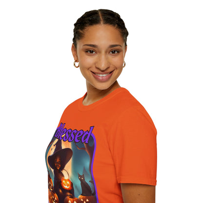 Blessed Samhain Cute Witch Purple font Light colors Unisex T-Shirt by CreepyCrafts.boo