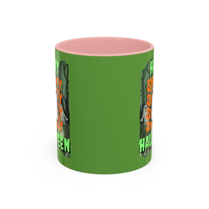 Spooky Happy Halloween Ghost Green font Green Accent Mug by CreepyCrafts.boo