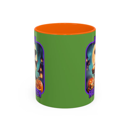 Happy Halloween Little Witch Purple font Green Accent Mug by CreepyCrafts.boo