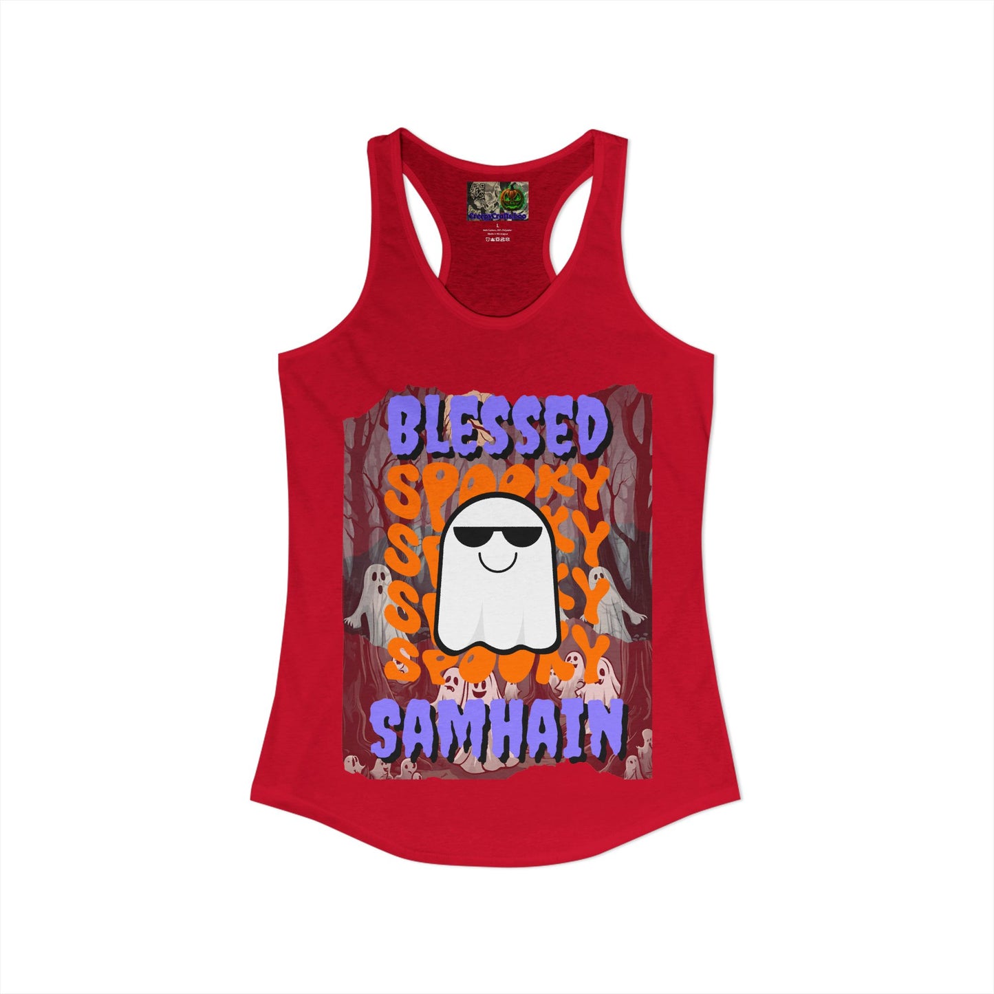 Spooky Blessed Samhain Ghost Purple font Women's Racerback Tank Top by CreepyCrafts.boo