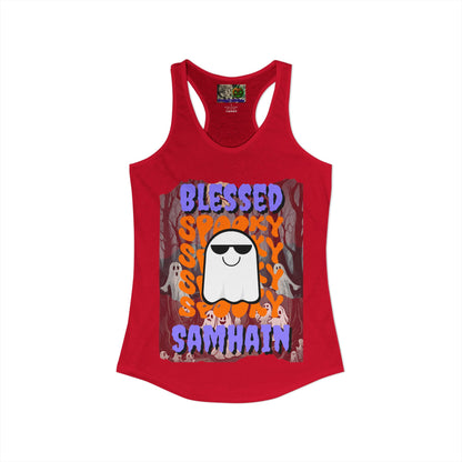 Spooky Blessed Samhain Ghost Purple font Women's Racerback Tank Top by CreepyCrafts.boo