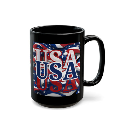USA Blue font Center Patriot Black Mug by cypherpunkgear.com
