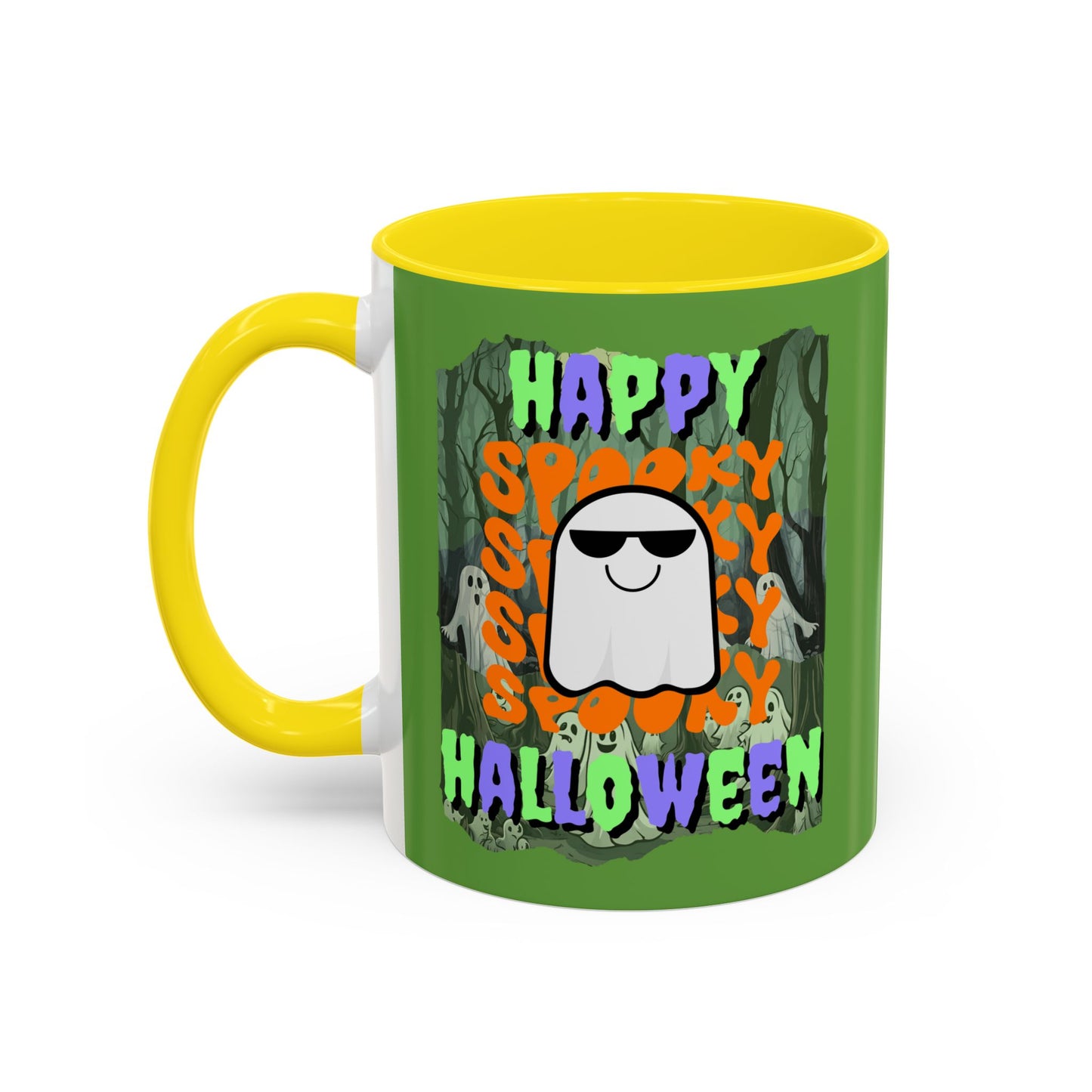 Spooky Happy Halloween Ghost Mixed font Green Accent Mug by CreepyCrafts.boo