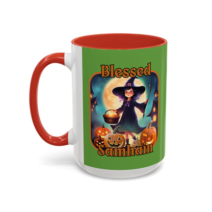 Blessed Samhain Little Witch Orange font Green Accent Mug by CreepyCrafts.boo