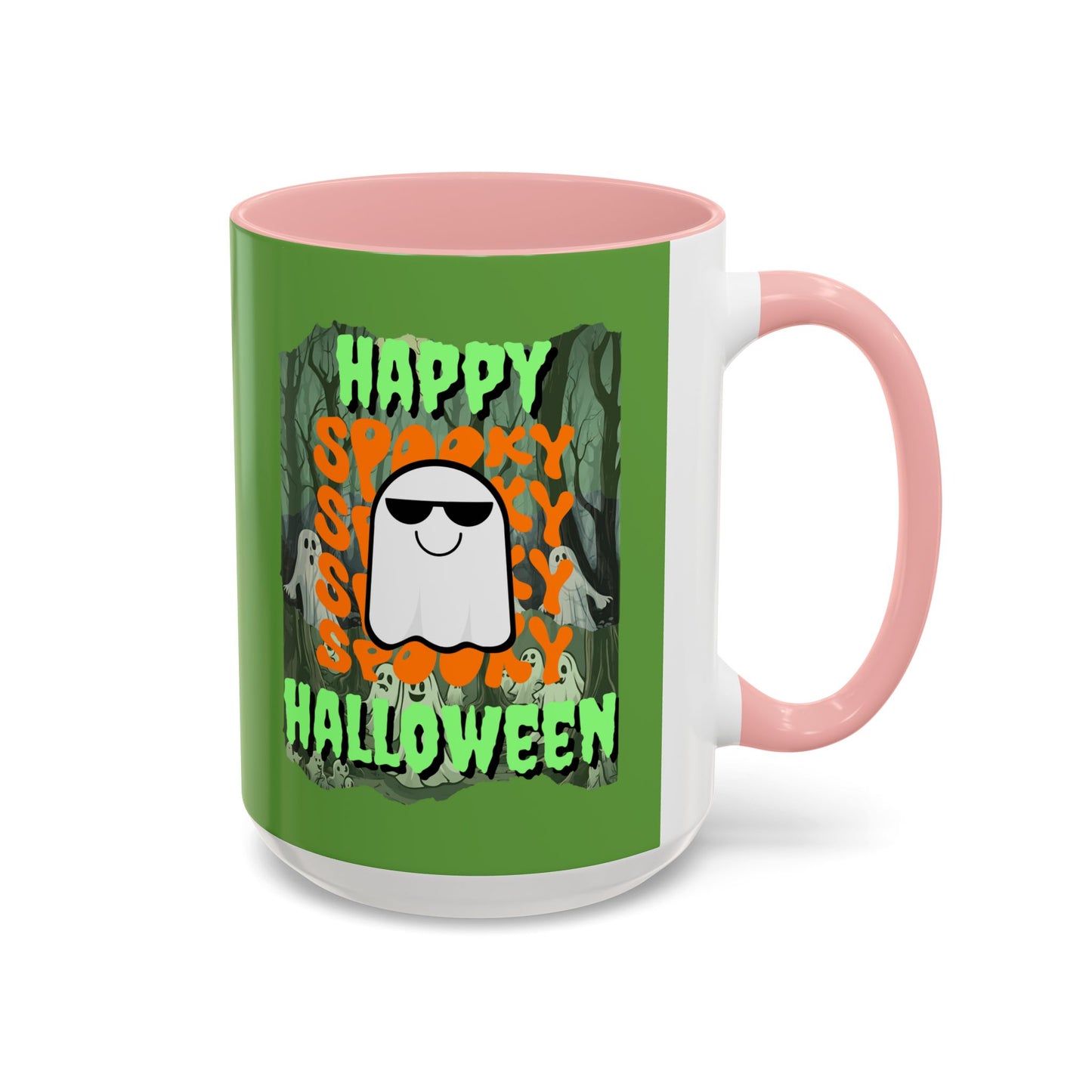 Spooky Happy Halloween Ghost Green font Green Accent Mug by CreepyCrafts.boo
