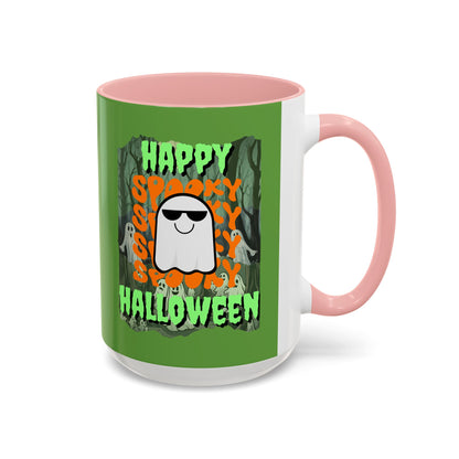 Spooky Happy Halloween Ghost Green font Green Accent Mug by CreepyCrafts.boo