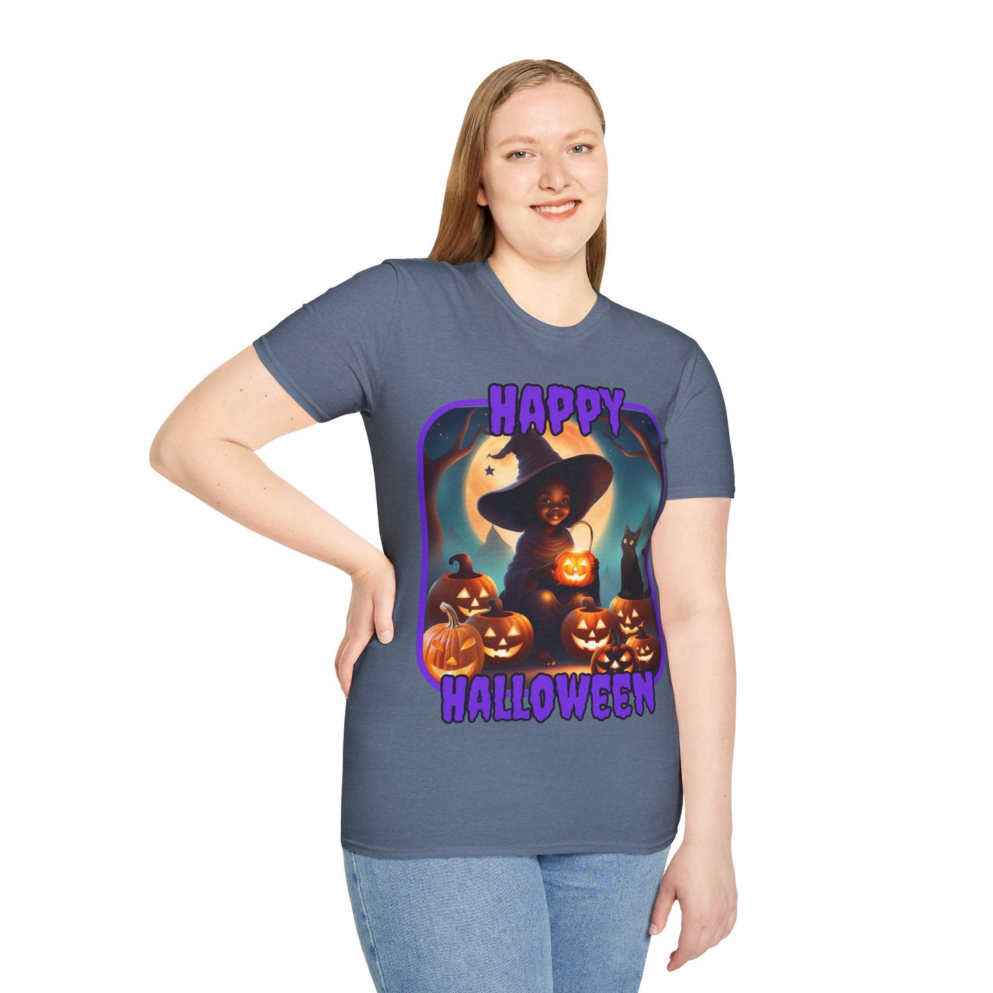Happy Halloween Cute Witch Purple font Dark colors Unisex T-Shirt by CreepyCrafts.boo