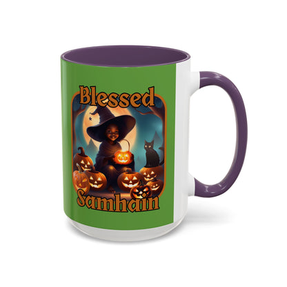 Blessed Samhain Cute Witch Orange font Green Accent Mug by CreepyCrafts.boo
