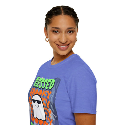 Spooky Blessed Samhain Ghost Green font Unisex T-Shirt by CreepyCrafts.boo