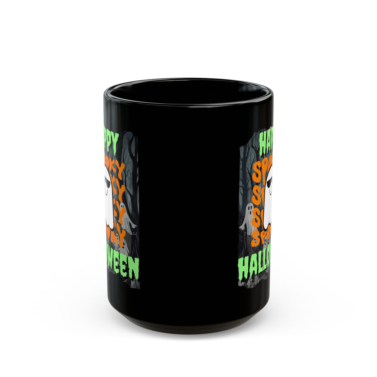 Spooky Happy Halloween Ghost Green font Black Mug by CreepyCrafts.boo