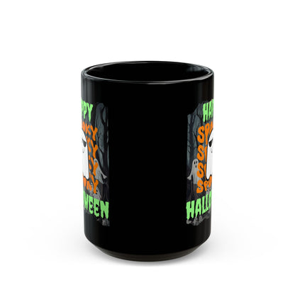 Spooky Happy Halloween Ghost Green font Black Mug by CreepyCrafts.boo