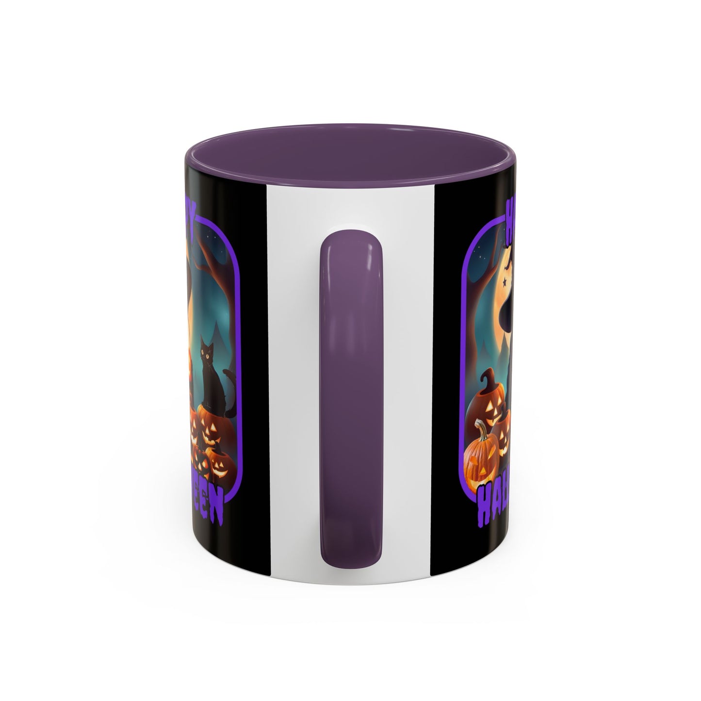 Happy Halloween Cute Witch Purple font Black Accent Mug by CreepyCrafts.boo