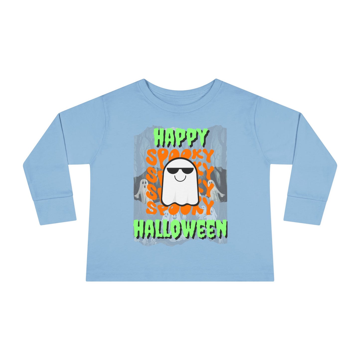 Spooky Happy Halloween Ghost Green font Toddler Long Sleeve Tee by CreepyCrafts.boo