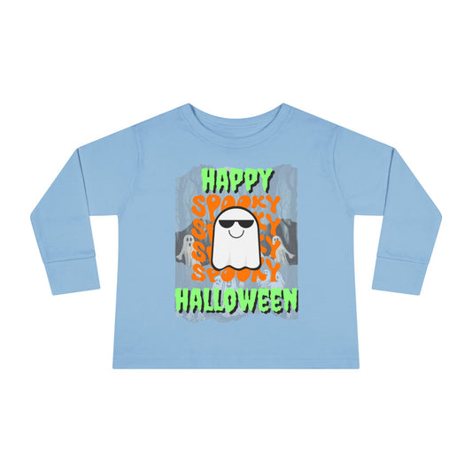Spooky Happy Halloween Ghost Green font Toddler Long Sleeve Tee by CreepyCrafts.boo