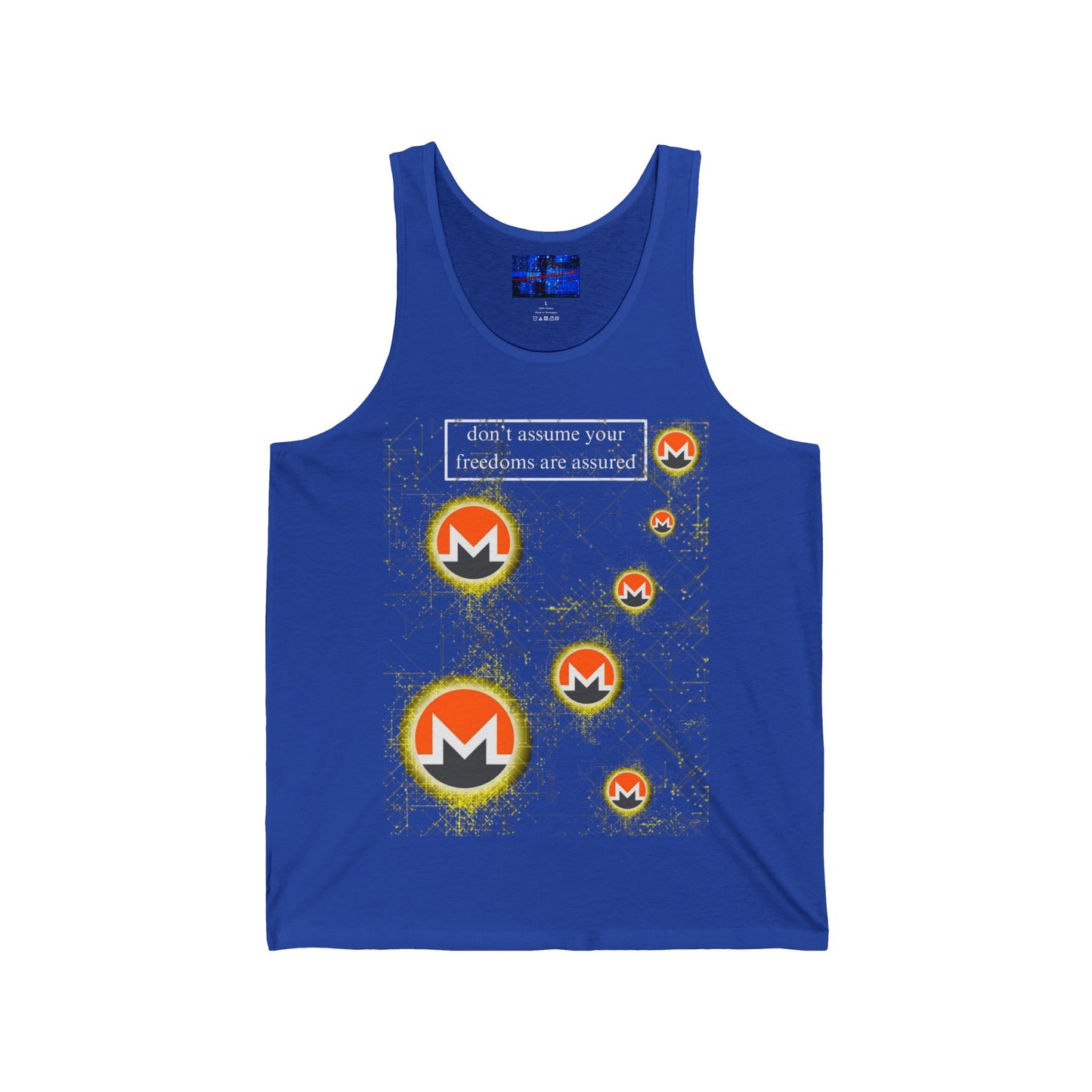 Monero (XMR) don't assume your freedoms are assured Dark colors Unisex Jersey Tank Top by cypherpunkgear.com