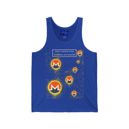 Monero (XMR) don't assume your freedoms are assured Dark colors Unisex Jersey Tank Top by cypherpunkgear.com