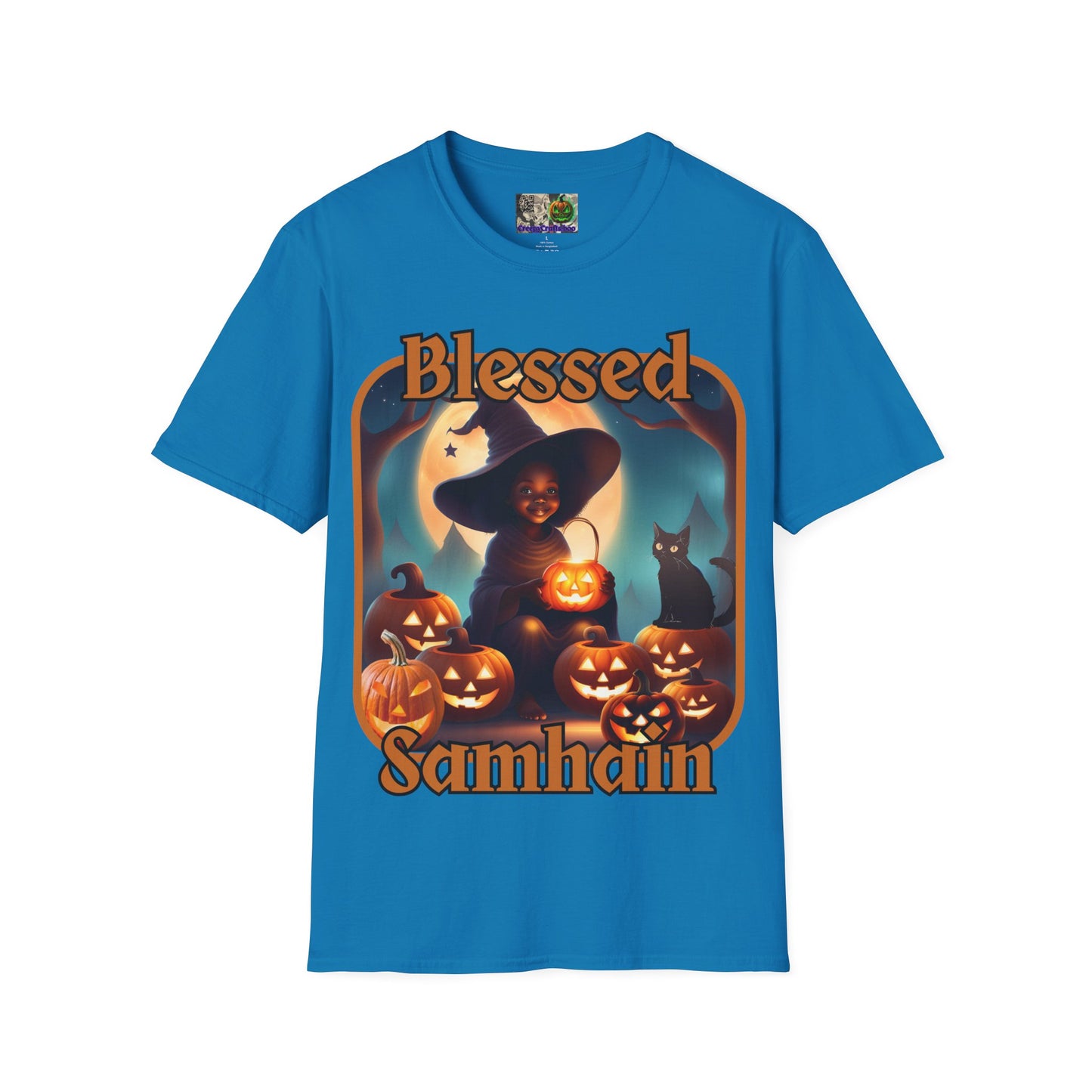 Blessed Samhain Cute Witch Orange font Dark colors Unisex T-Shirt by CreepyCrafts.boo