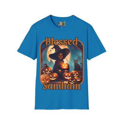 Blessed Samhain Cute Witch Orange font Dark colors Unisex T-Shirt by CreepyCrafts.boo