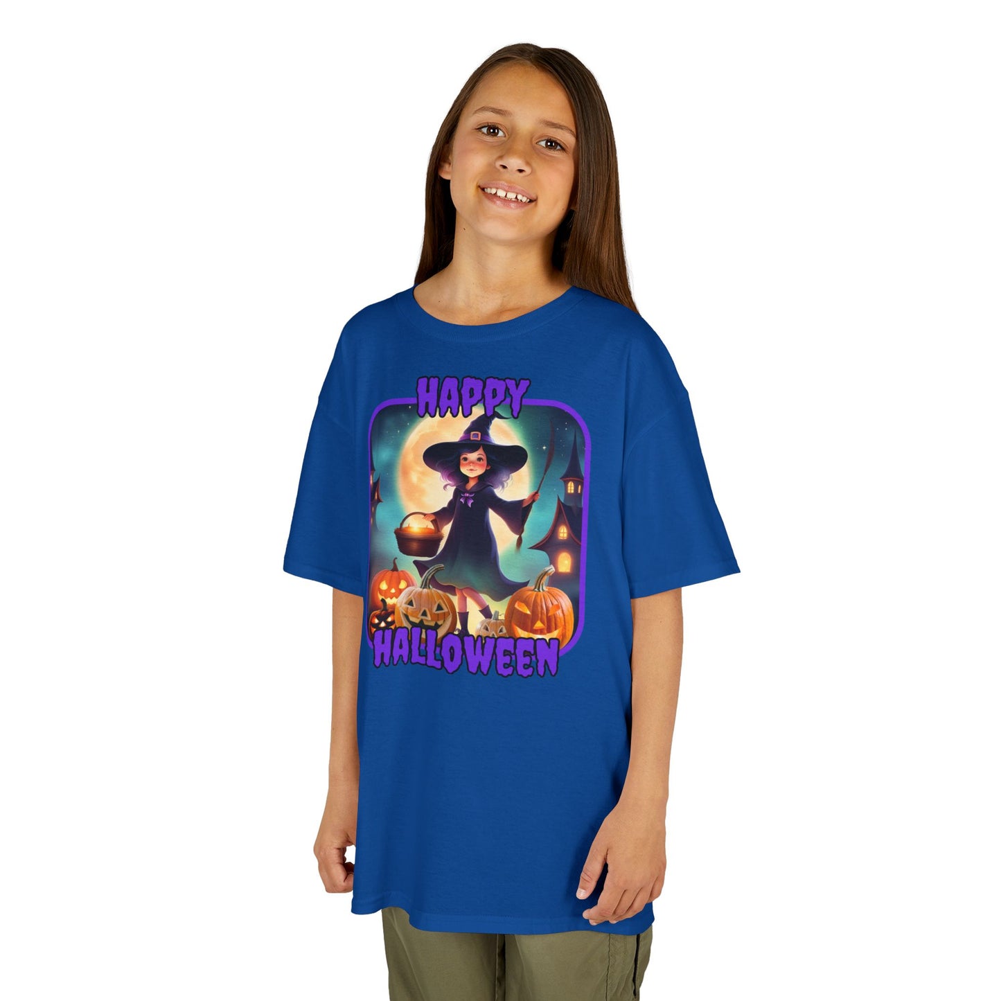 Happy Halloween Little Witch Purple font Kids Heavy Cotton™ Tee by CreepyCrafts.boo