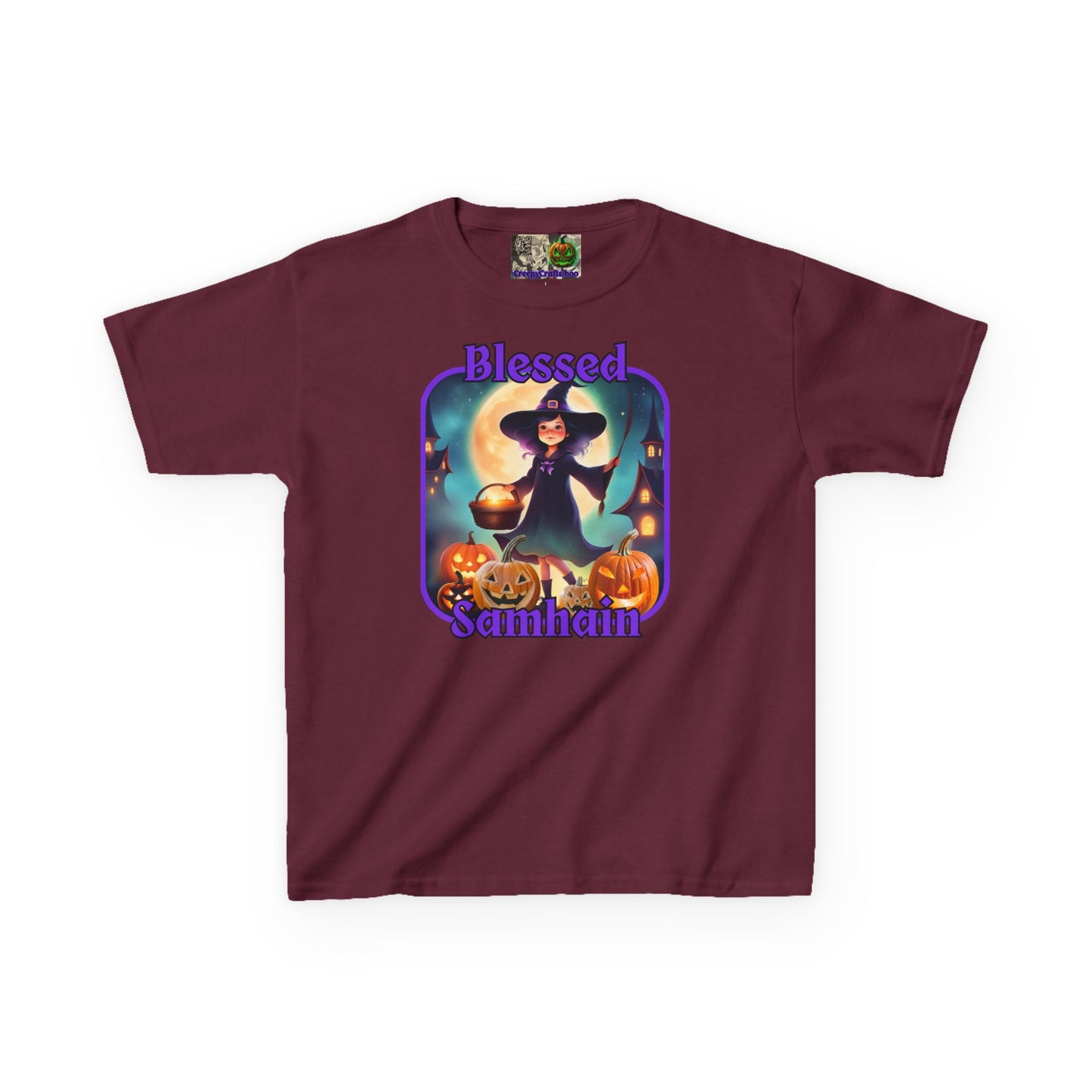 Blessed Samhain Little Witch Purple font Kids Heavy Cotton™ Tee by CreepyCrafts.boo