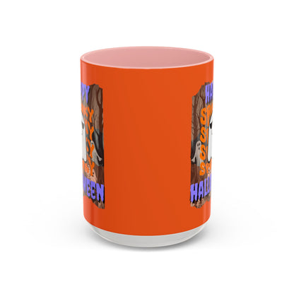 Spooky Happy Halloween Ghost Purple font Orange Accent Mug by CreepyCrafts.boo