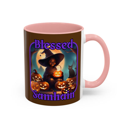 Blessed Samhain Cute Witch Purple font Brown Accent Mug by CreepyCrafts.boo