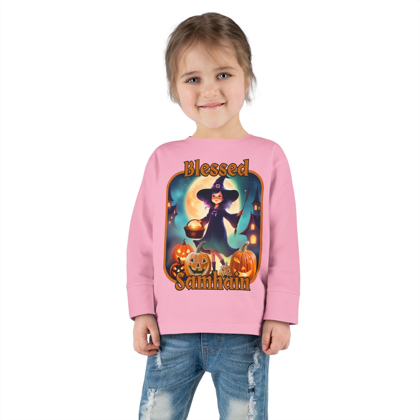 Blessed Samhain Little Witch Orange font Toddler Long Sleeve Tee by CreepyCrafts.boo