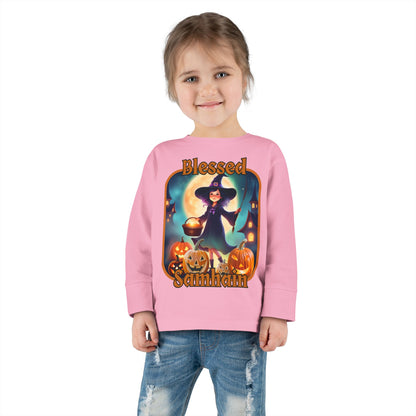 Blessed Samhain Little Witch Orange font Toddler Long Sleeve Tee by CreepyCrafts.boo