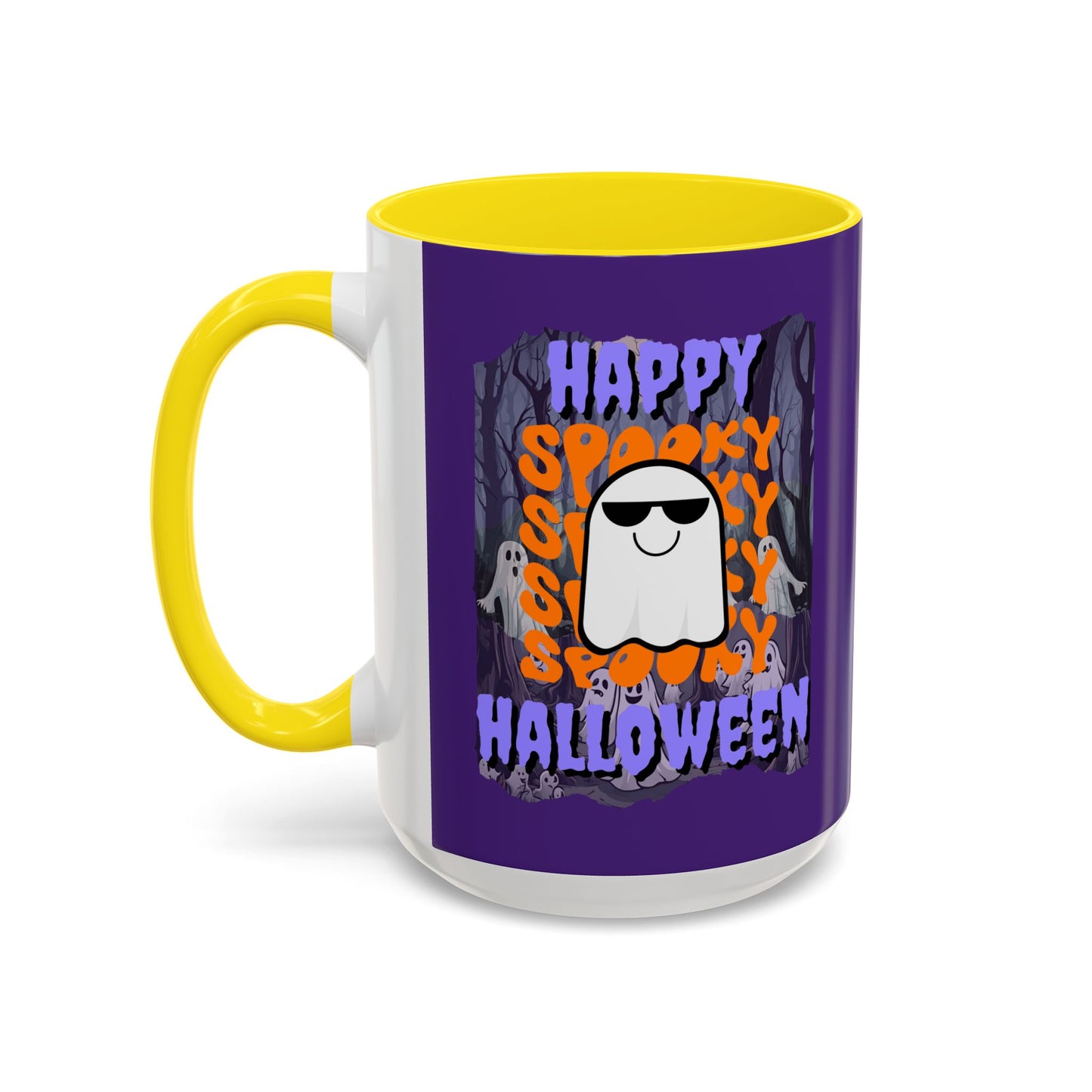 Spooky Happy Halloween Ghost Purple font Purple Accent Mug by CreepyCrafts.boo