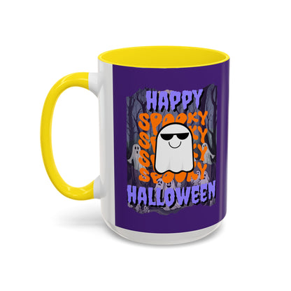 Spooky Happy Halloween Ghost Purple font Purple Accent Mug by CreepyCrafts.boo
