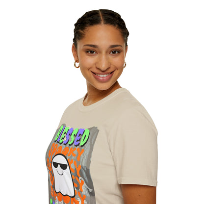 Spooky Blessed Samhain Ghost Mixed font Unisex T-Shirt by CreepyCrafts.boo